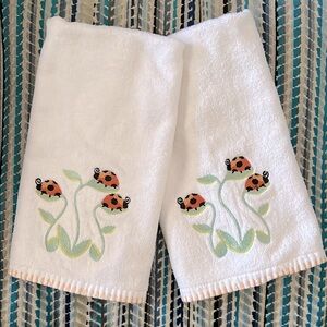 White Hand Towels with Ladybug Embroidery - Bathroom Kitchen Home Decor 2pc Set